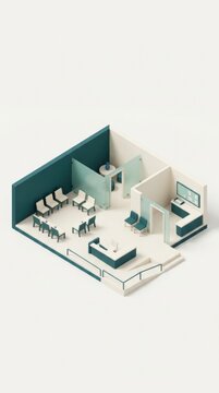 Modern isometric medical clinic interior showing waiting area and reception desk
