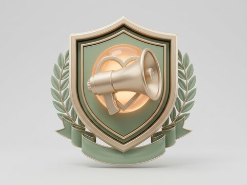 Mental health advocacy emblem with golden megaphone and glowing heart on green shield
