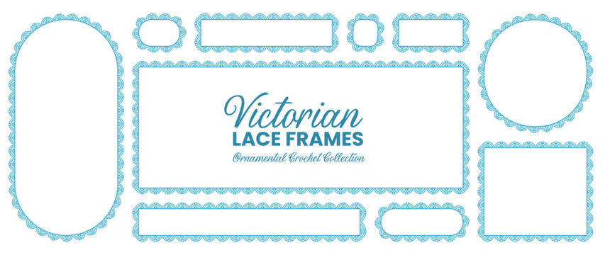 Powder blue pearl scallop lace frames outline circle, square, oval plus strip banner borders on white as ornate Victorian crochet trim for wedding stationery or cottagecore craft label cards.