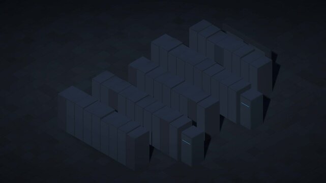 Isometric data center server racks on a dark background