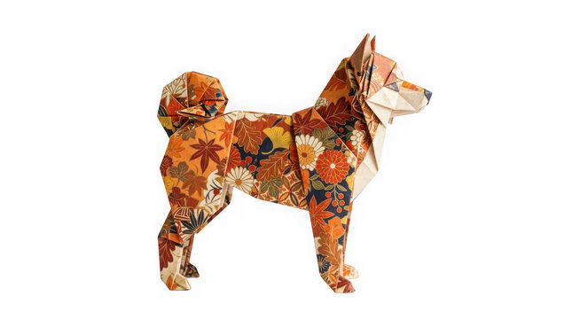 Origami paper dog with autumn leaf pattern isolated on transparent background