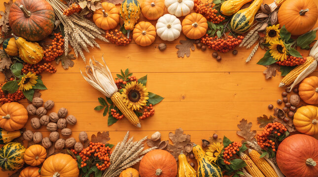 Autumn harvest display featuring pumpkins, corn, sunflowers, berries, nuts, and oak leaves on an orange wooden surface, representing Thanksgiving and fall bounty.