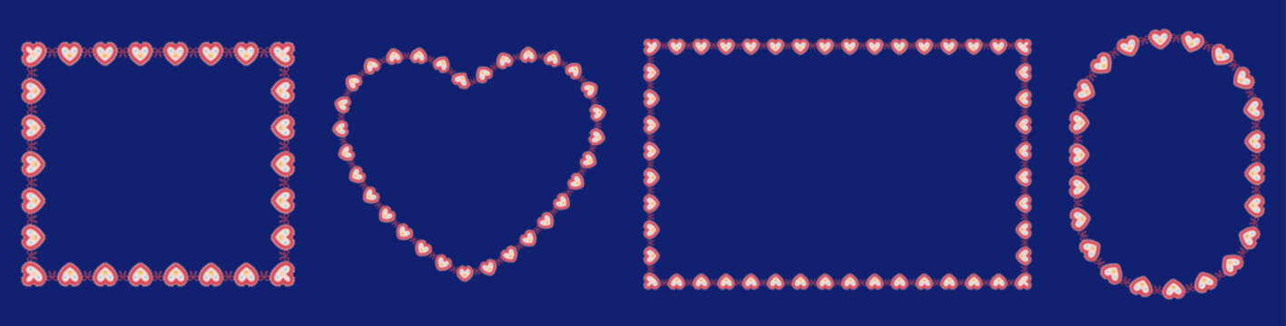 Pink embroidered lace frames with scalloped crochet detail outline square, love, rectangle plus oval shapes on dark blue as romantic decorative set for wedding cards or scrapbook crafts.