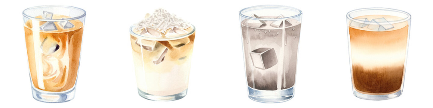 Iced coffee glasses illustration with coconut latte and sparkling soda