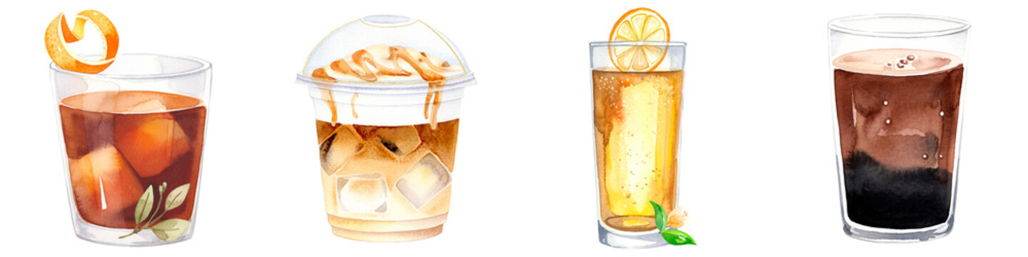 Iced coffee and citrus soda illustrations with caramel macchiato cup