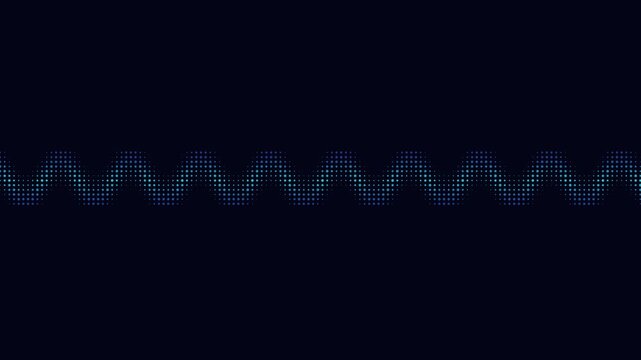 Pixelated blue sine sound wave on dark background, digital audio frequency trace