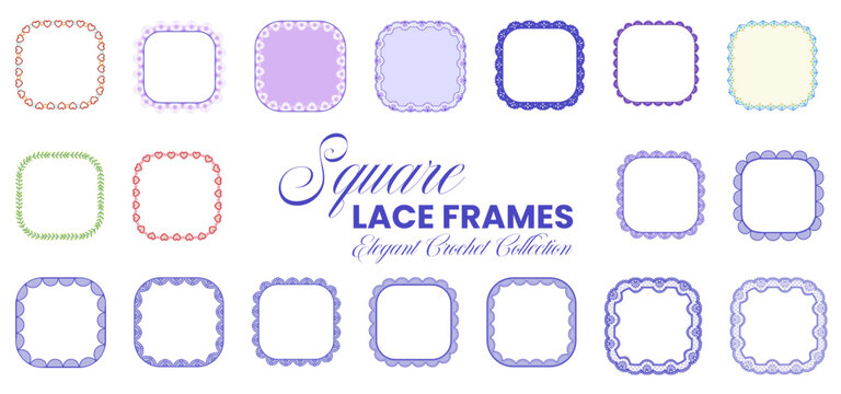 Square lace frame set in purple, red, green with scalloped crochet borders, heart chains, leafy wreath trims on white background for wedding invitations, craft cards, printable stationery labels.