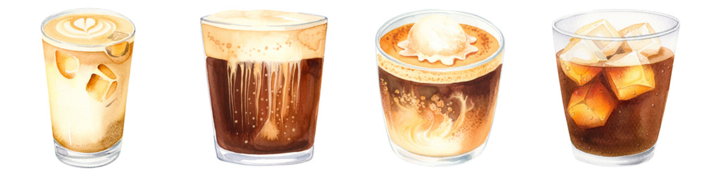 Iced coffee illustrations with latte art heart and affogato scoop