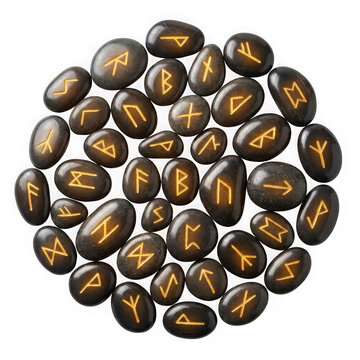 Set of dark stones with glowing golden elder futhark runes isolated on transparent background