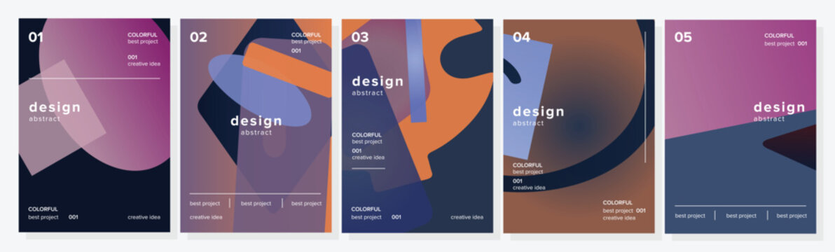 Collection of five colorful abstract design layouts featuring creative geometric shapes and gradient backgrounds, ideal for banners, posters, covers, and digital media