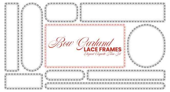 White double bow lace border frames outline arch, oval, circle plus diamond shapes linked by elegant ribbon garland trim on deep red background as romantic coquette set for valentine wedding cards.