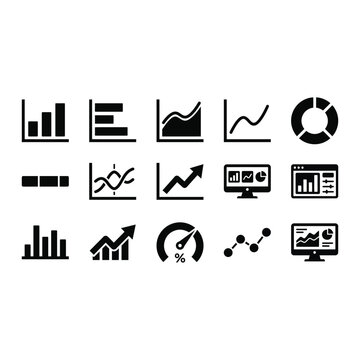 Data analytics and financial charts glyph icon set featuring bar graphs, line plots, area chart, donut diagram, and dashboard monitors isolated on white background.