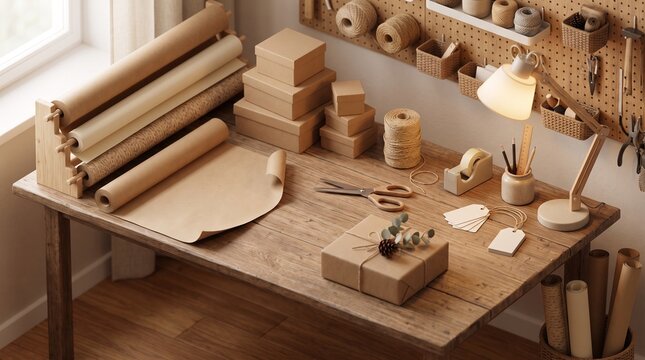 Cozy craft room table with wrapping paper rolls kraft brown paper gift boxes twine scissors and stationery supplies