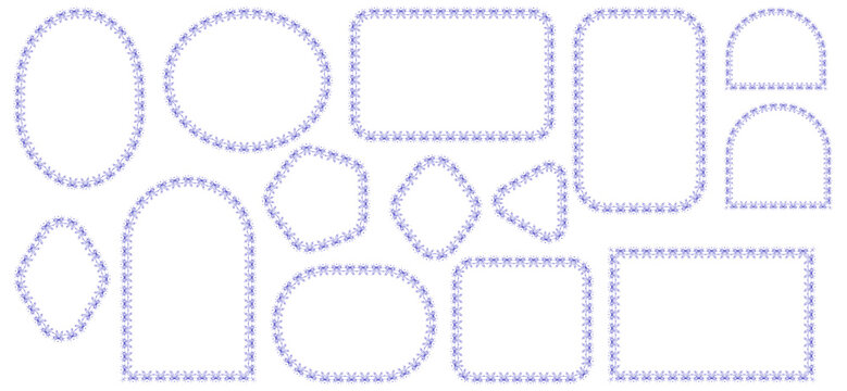 Black double bow lace border frames form romantic ribbon garland trim around circle, oval, rectangle plus arch shapes as coquette decorative edges isolated on white background for wedding cards.