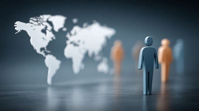 Global workforce analytics concept showing interconnected professional profiles across a digital world map, human resources management, talent mobility and international recruitment, sophisticated