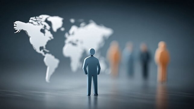 Global workforce analytics concept showing interconnected professional profiles across a digital world map, human resources management, talent mobility and international recruitment, sophisticated