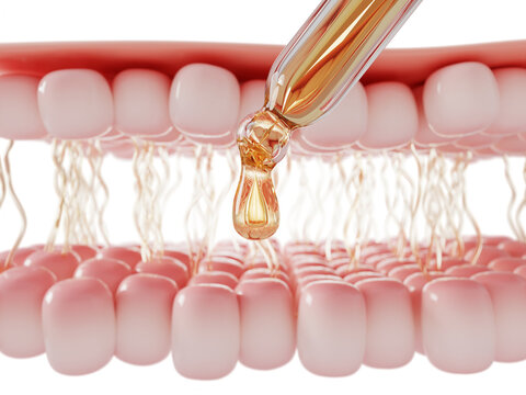 Gold oil serum drop falling from glass pipette dropper on pink skin layers. 3D dermis with collagen elastin fibers and vitamin essence droplet. Cosmetic beauty skin care background