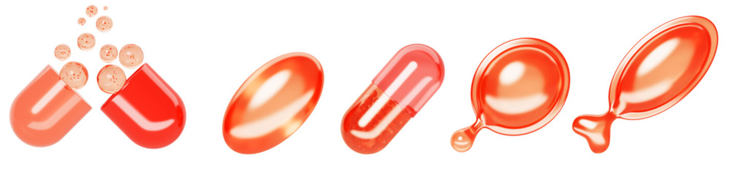Red softgel capsules 3d render icon set. Hair vitamin gel serum, iron, omega 3, fish oil, food supplements. Render realistic of round, oval and open pills with liquid medicine bubbles