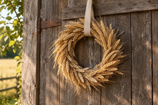 Wheat harvest wreath hanging on a weathered wooden door