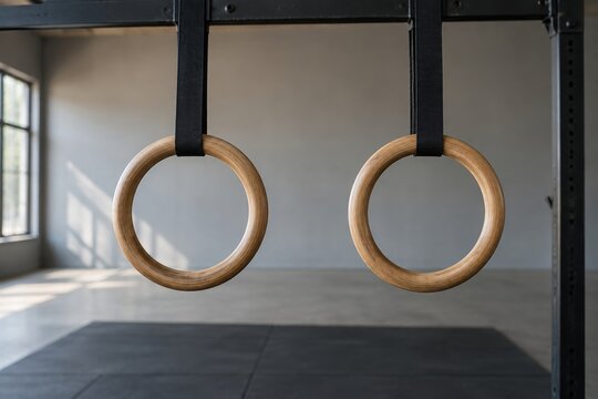 Wooden gymnastic rings hanging from black straps