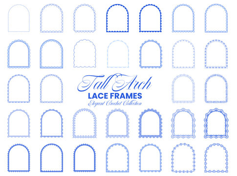 Blue tall arched lace frame set with scalloped crochet borders, heart motifs, floral eyelets, pearl dots on white background for wedding invitations, valentine cards, craft stationery labels.