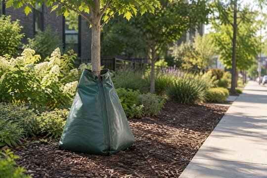 Green watering bag around a young street tree