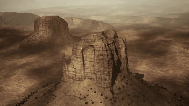 Eroded sandstone column reveals layered striations, warm ochre tones, scattered boulders and shadowed crevices, weathered surfaces with scientific geological