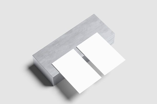 white business card on metal with a gray background, 3D render