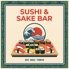 Fototapeta premium Featuring sushi and sake with traditional Japanese motifs, this image highlights culinary tradition through bold colors and artistic wave patterns.