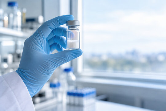 Gloved hand holds small vial containing white powder in bright laboratory setting, highlighting tripeptide research process