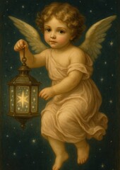 Obraz premium Cherubic angel holding lantern