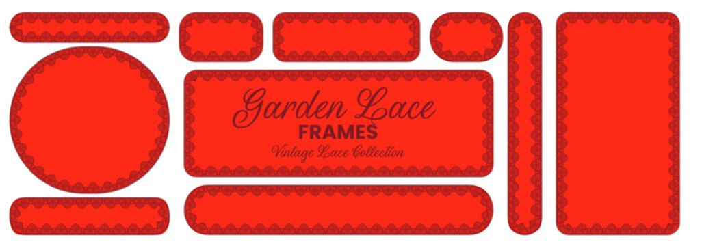 Peach floral crochet borders outline arch, vertical rectangle, square, shield crest plus circle frames on clean ground as vintage trim set for wedding invitation labels or scrapbook craft projects.