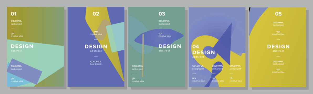 Collection of five abstract geometric designs, each featuring vibrant colors, shapes, and text elements, perfect for creative project layouts, branding, and minimalist backgrounds