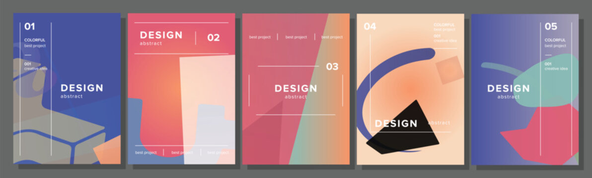 Collection of abstract colorful minimalist design covers featuring various geometric shapes and fluid gradients, providing versatile backgrounds for presentations, posters, or flyers