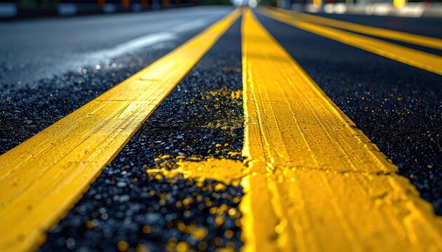 Close-Up View of Freshly Painted Yellow Road Lines on Asphalt Surface