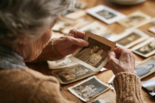 Older person examining vintage photographs spread across a rustic wooden table, nostalgic memory keeping with sepia prints and family history collection indoors