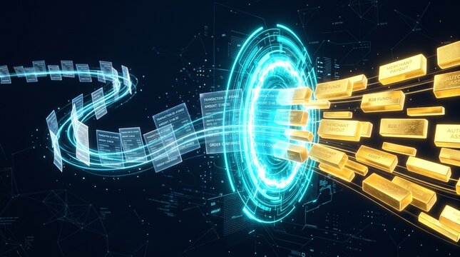 Digital documents transforming into gold bars through a glowing portal
