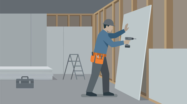 Flat vector illustration of a builder installing drywall with a drill