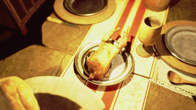 Golden roasted leg resting near egg, moody lamp glow, wooden utensils, textured tabletop, shallow depth, grainy film vibe, intimate latenight supper scene