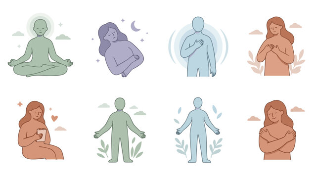 Mindfulness and meditation vector set, calm faceless silhouette figures practicing wellness and self care, flat illustration, set of 8