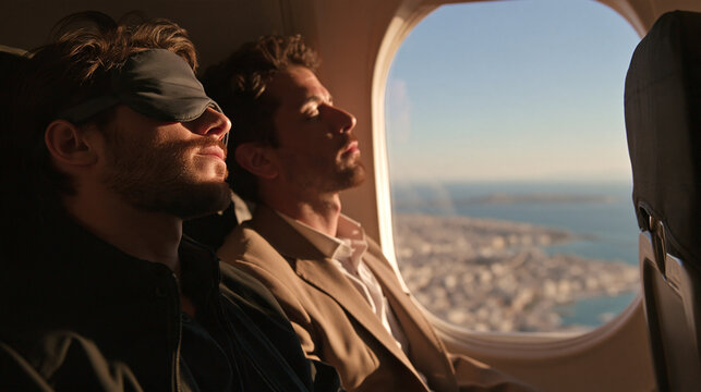 Two male passengers sleeping on airplane with window seat view