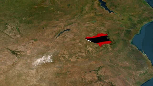 Satellite map animation of Zimbabwe with zoom in and zoom out, moving clouds, growing ink-shape waving flag of the country, gradient outline indicating the border. Concept for broadcast, social media.