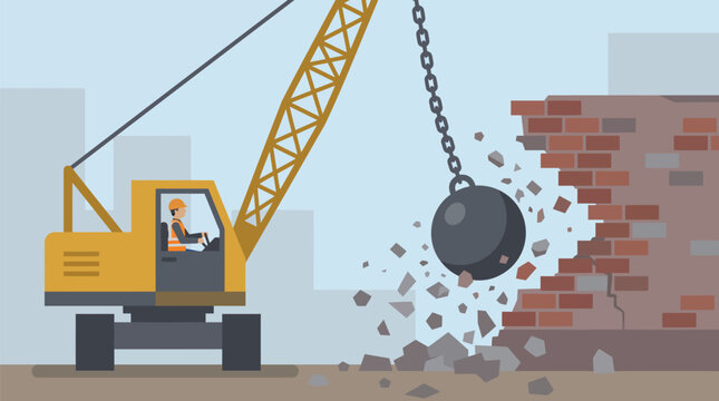 Wrecking ball swinging from a yellow crane to demolish a brick wall