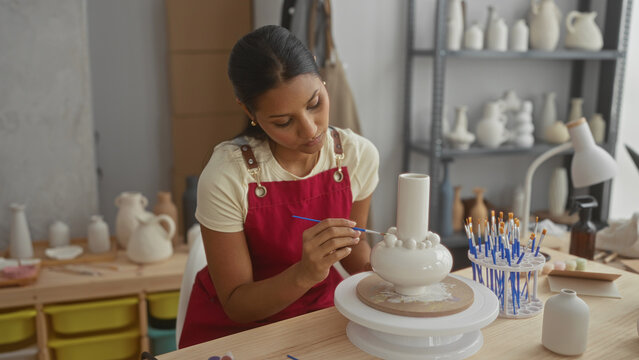 Woman painting a ceramic vase, holds brush steady with bare hand in a pottery studio with shelves of bisque ceramics, brushes and lamp nearby; concentration.