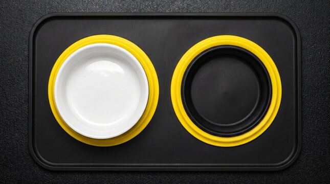 High contrast black feeding mat with bright yellow rings and a white ceramic bowl photographed from above, low vision accessibility accessory for senior pets with cataracts concept