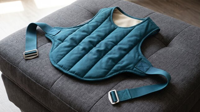 Weighted therapeutic anxiety relief vest with quilted compartments and adjustable webbing straps laid flat on a gray upholstered ottoman, calming wearable accessory for anxious senior dogs concept