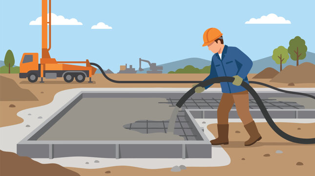 Worker pouring a concrete foundation using a pump hose