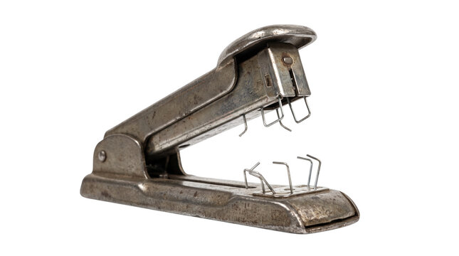 Old rusty metal stapler with bent staples on transparent background