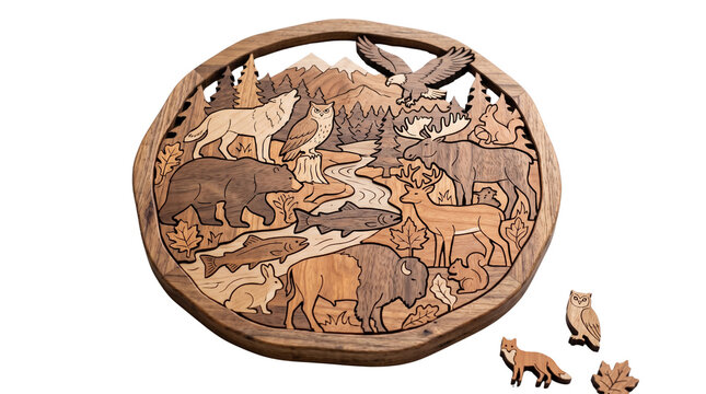 Wooden animal wildlife forest puzzle cutout on transparent background