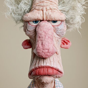 Grumpy old man caricature with wild gray hair